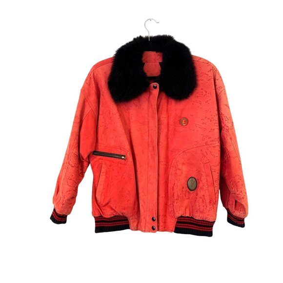 Guy Laroche Vintage Red Suede Bomber Jacket Black Fur Collar Embroidered Logos - Picture 3 of 12